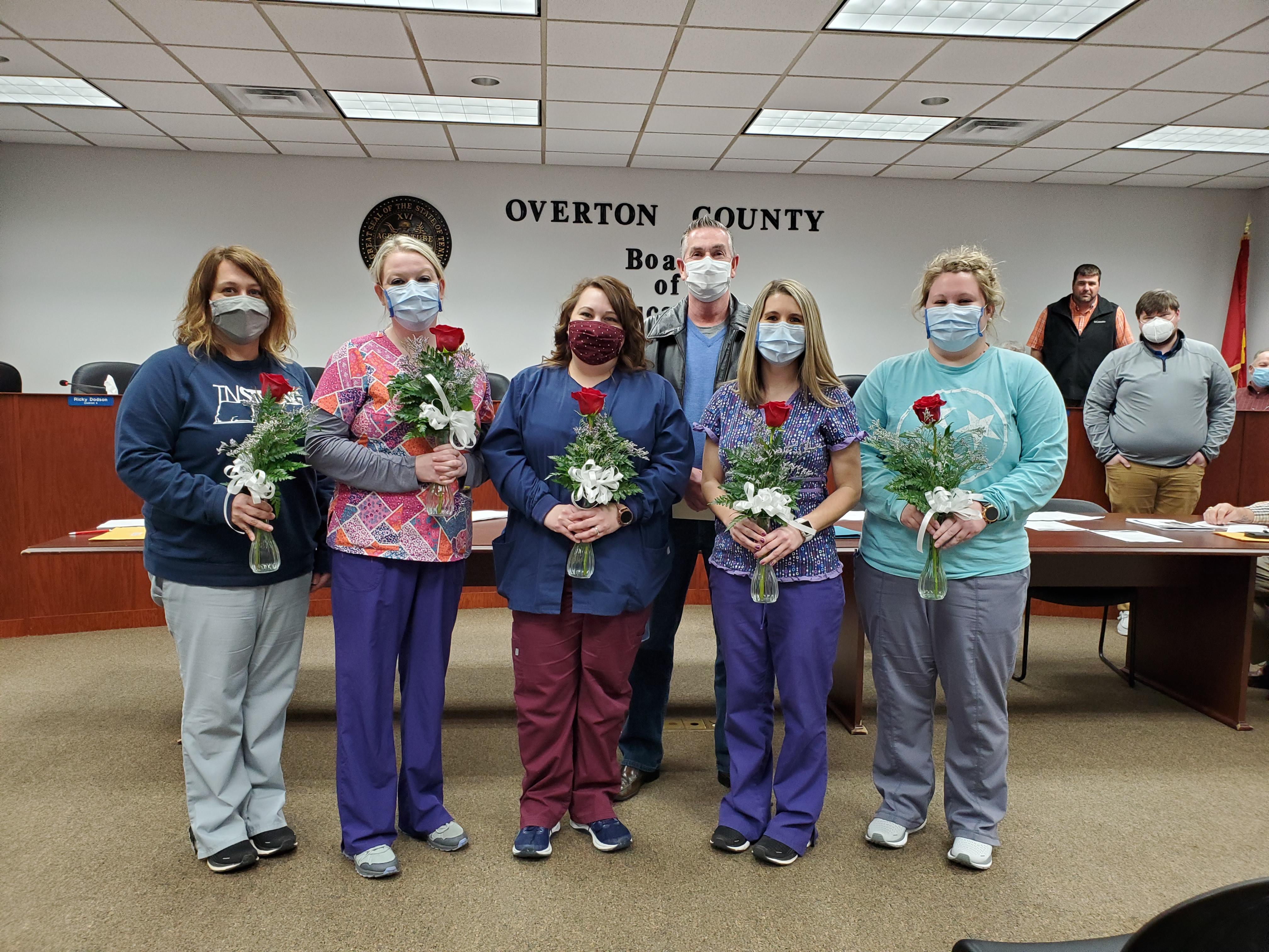 Overton County Health Department Staff:  Front row left to right:  Ginny Caudle, Ashley Walton, Rebecca Parsons, Megan Reeder, and Rebecca Vaughn.  Back Row:  Director Andy Langford